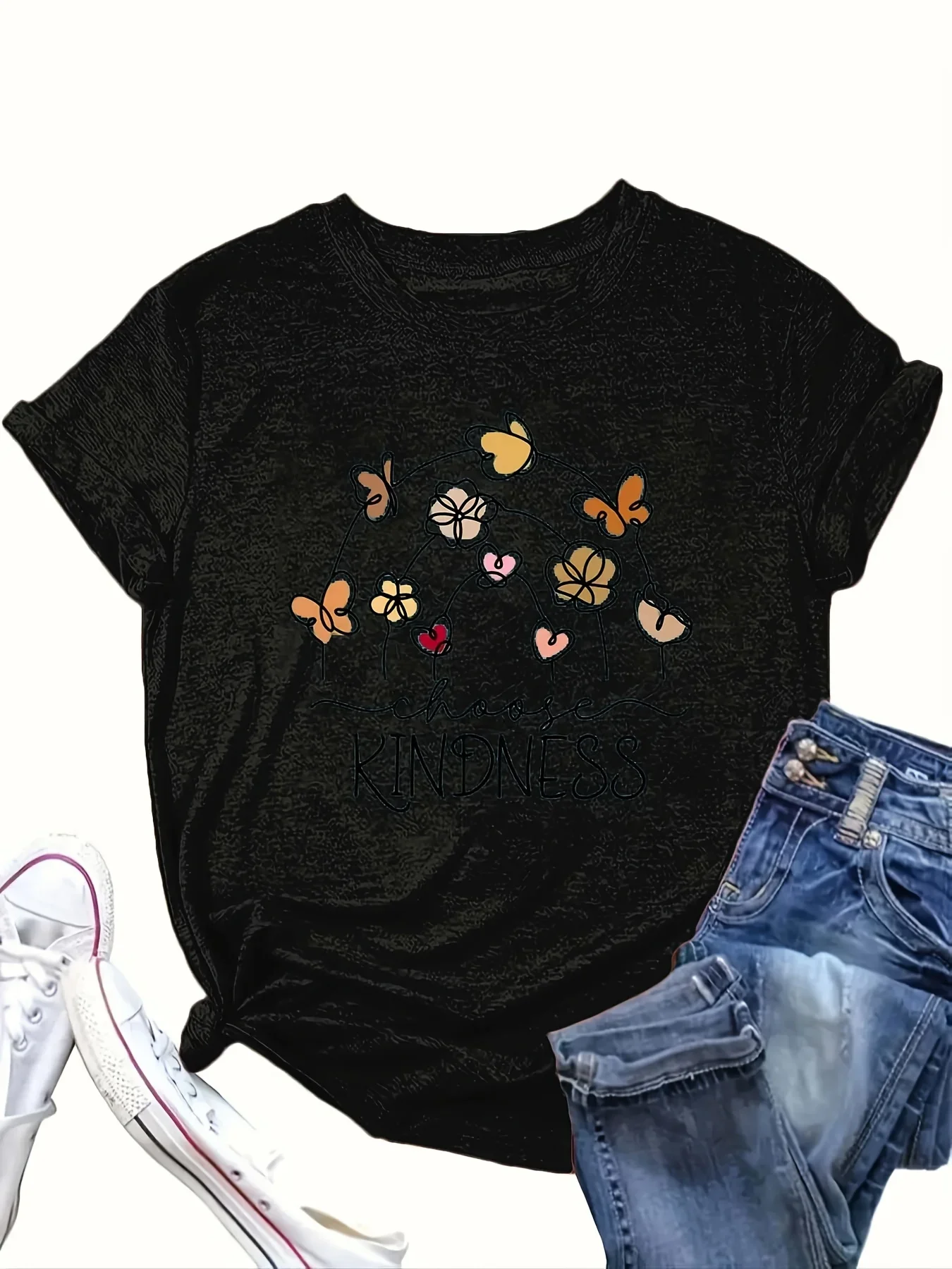 تي شيرت نسائي كاجوال برقبة دائرية، ملابس كاجوال لطيفة على شكل فراشة وحروف هاراجوكو، ملابس جمالية للشارع #2