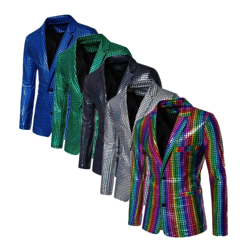 Fashion Trend Men Rainbow Plaid Suit Jacket Gold Silver Male Dance Party Casual Thin Loose Blazer Coats