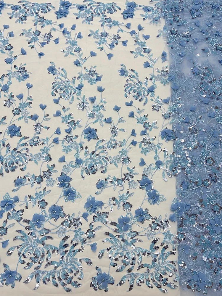 

Blue Embroidered Tulle Fabric Beads 3D Flower Pattern Bubble Bead iny Sequin Dr Material for Wedding Gown Evening Gown