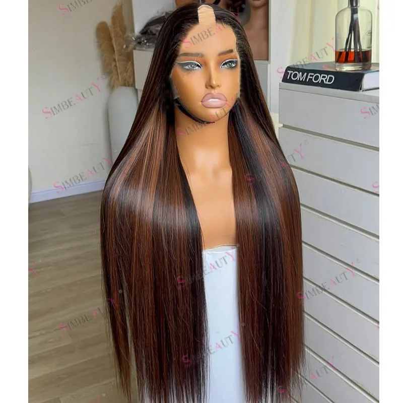 Extralange 30-Zoll Highlight Kaffeebraune Balayage Blonde Echthaar-Perücke für Schwarze Frauen, Einfach zu Tragen, Klebefreie 1x4 U/V-förmige Perücken