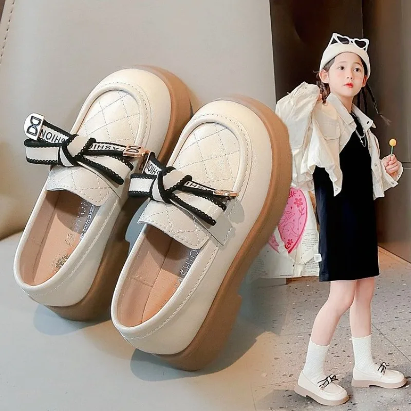 Girls' Leather Shoes 2024 Spring and Autumn New Little Girl Fashion Bow Princess Shoes Baby Soft Sole Anti slip Casual Shoes