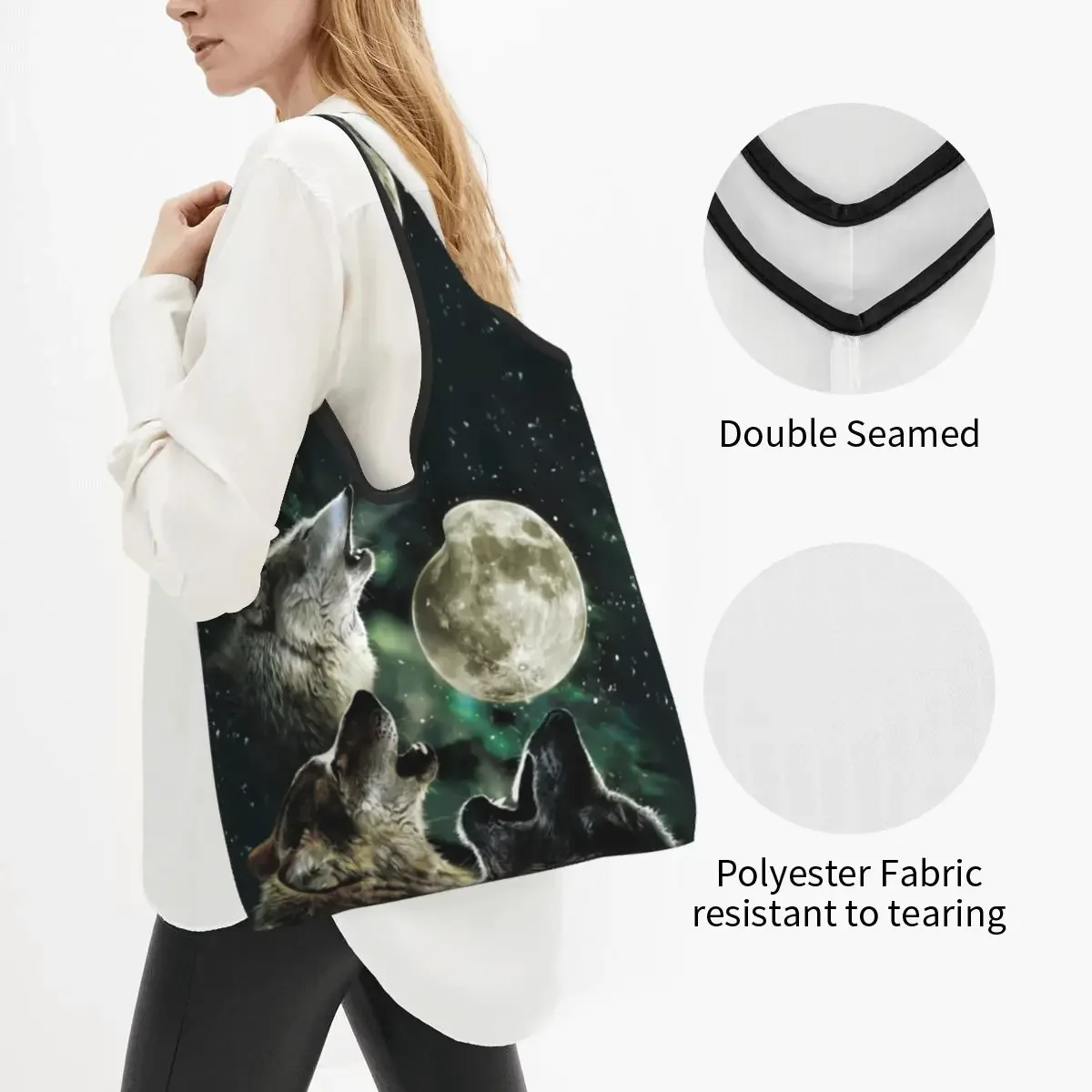 Custom Three Wolf Moon By Antonia Neshev DecalGirl Shopping Bags Women Portable Large Capacity Grocery Shopper Tote Bags