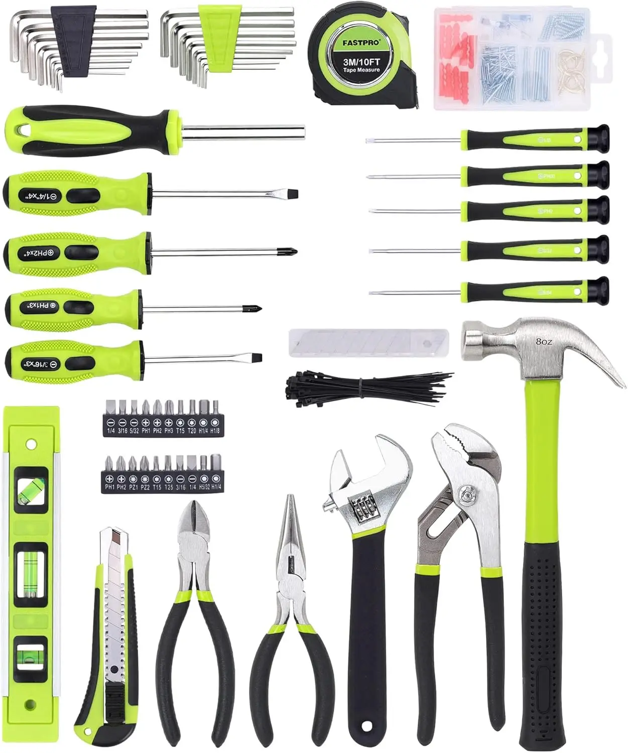 215-Piece Home Repairing Tool Set with 12-Inch Wide Mouth Open Storage Bag Household Hand Tool Kit Green