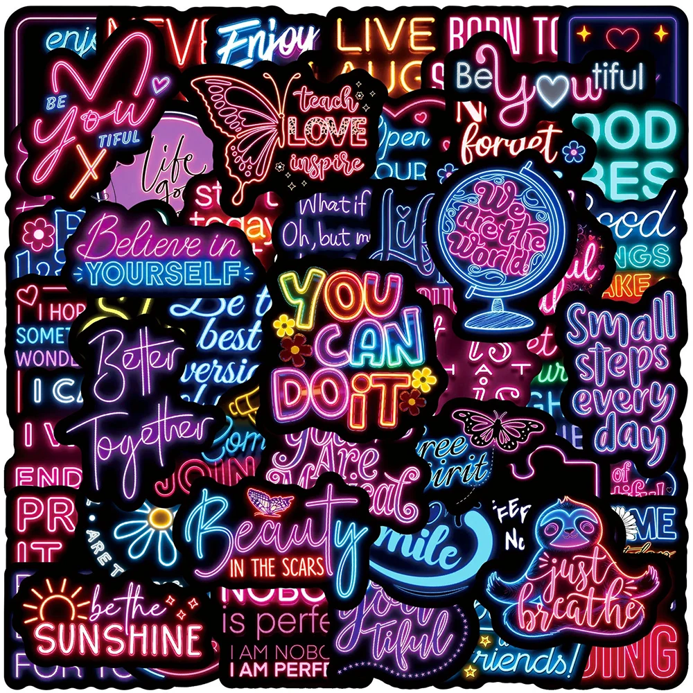 10/30/50 Stück Neon Motivationsaufkleber mit englischen Sprüchen, Cartoon-Inspirationszitat-Aufkleber für Gepäck, Notizbuch, Telefon, Dekorationen, Verpackung