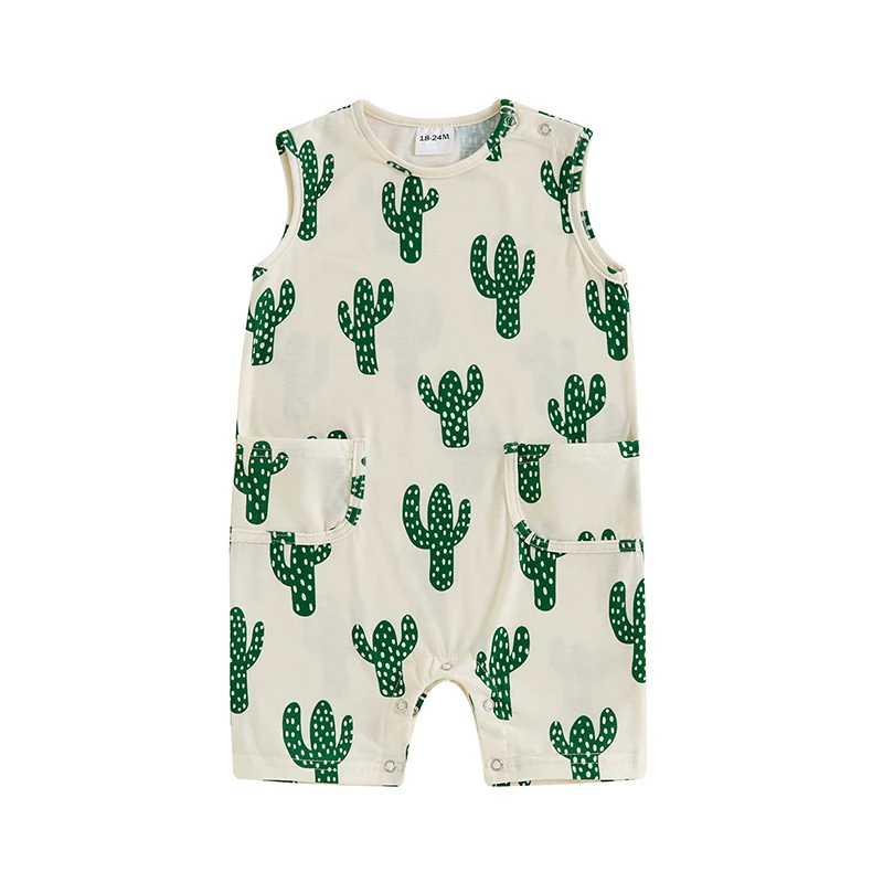 

Baby Girl Boy Sleeveless Romper Casual Cactus Print Round Neck Tank Top Jumpsuit with Pockets Toddler Overalls