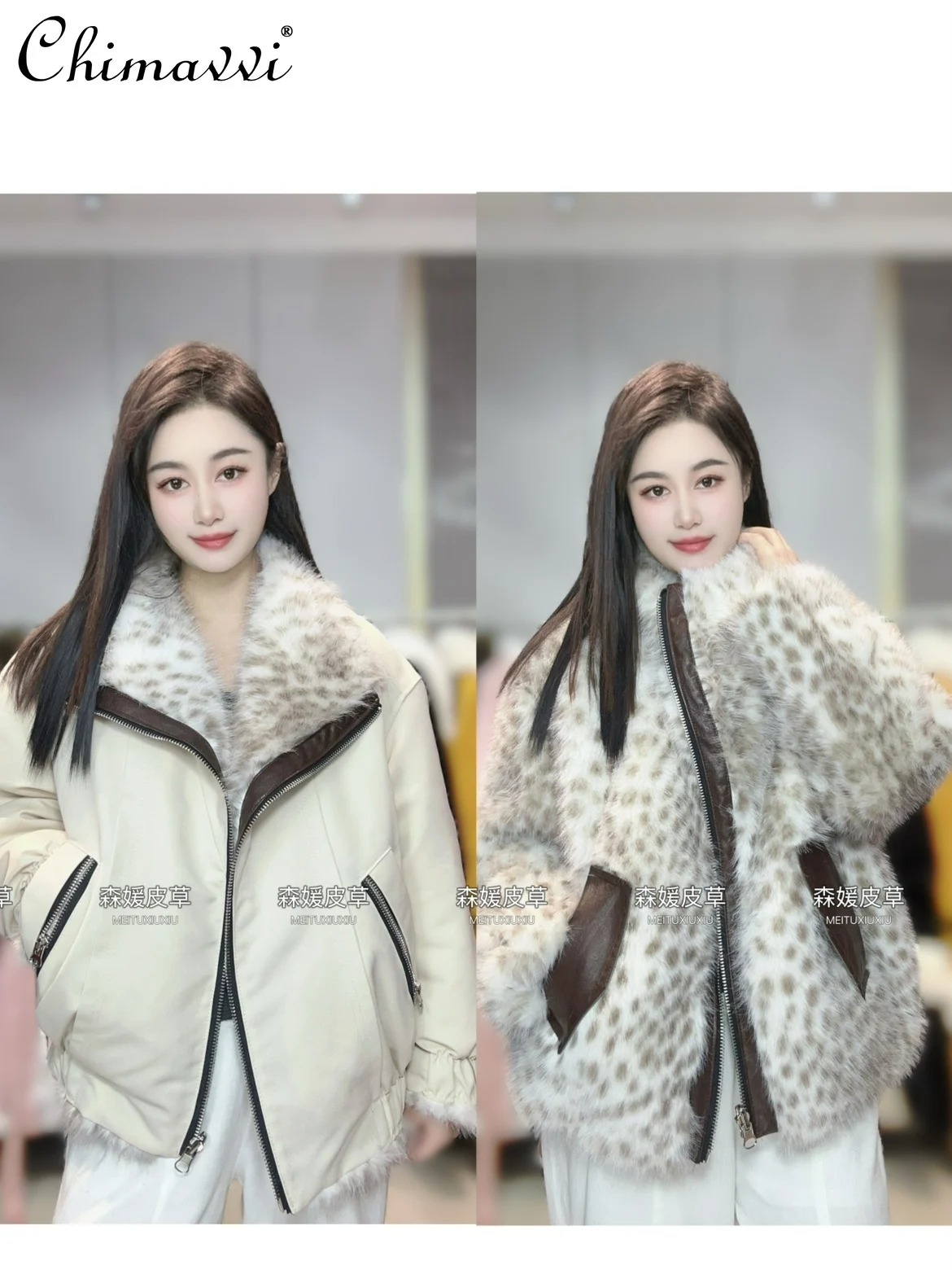 

2025 Winter Clothes New Fashion Reversible Leopard Dot Parka Short Fur Coat Long Sleeve Loose Warm Casual Jacket for Women
