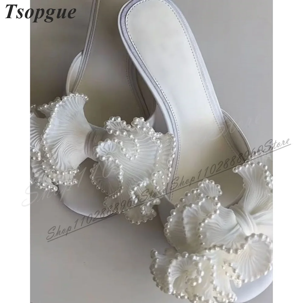 Elegant White Pearl Decor Flower Slippers Thin High Heel Shoes For Women Slip On Peep Toe 2024 Fashionable Zapatos Para Mujere