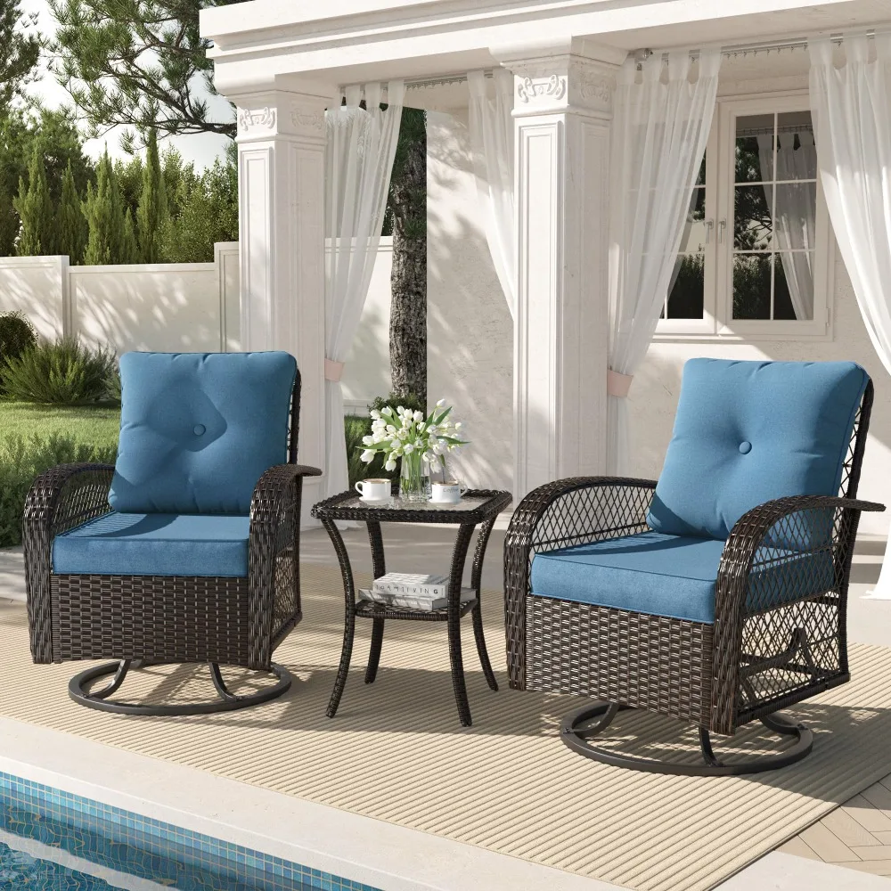 3Pieces Patio Furniture Set,Outdoor Swivel Gliders Rocker,Wicker Patio Bistro Set with Rattan Rocking Chair,Glass Top Side Table