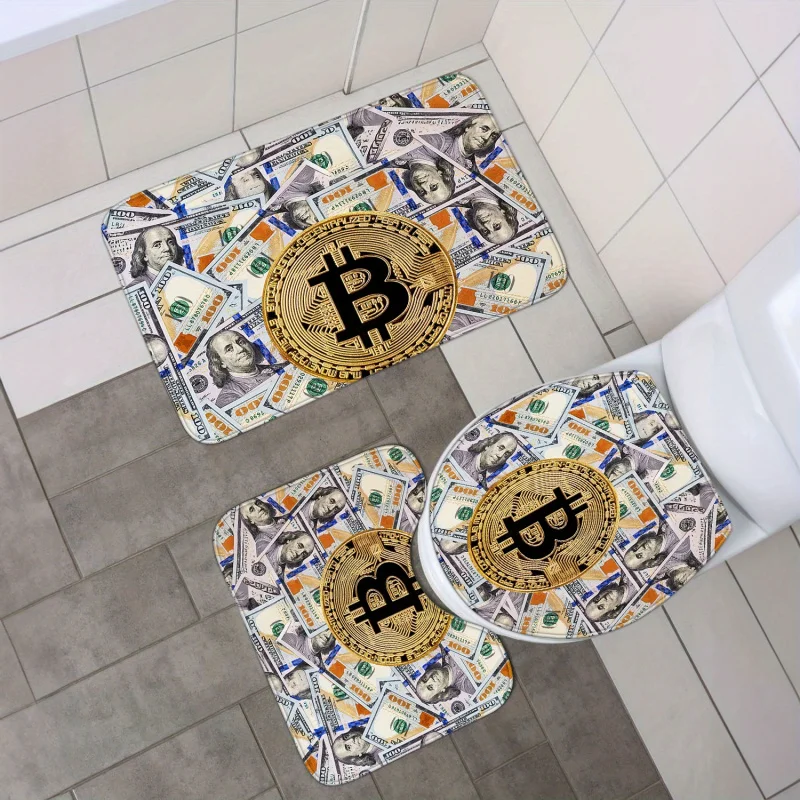 1/4pcs Bitcoin & US Dollar Bathroom Set, Polyester Waterproof Shower Curtain, 180.34x180.34cm With 12 Hooks, Currency Print Bath