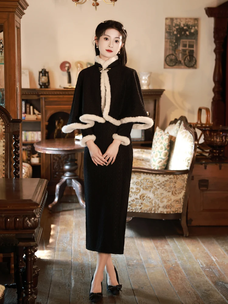 Dress Women's Black Cheongsam Autumn and Winter Long Sleeve Thickened Warm Elegant Noble Shawl Suit Retro New Chinese Mid-Length