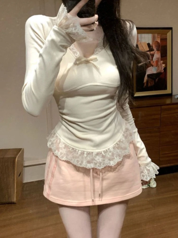 Winter Korean Preppy Style Sweet Two Piece Sets Women Sexy Lace Tops + Pink Short Skirt New Design Y2k Slim Fashion Suits 2024