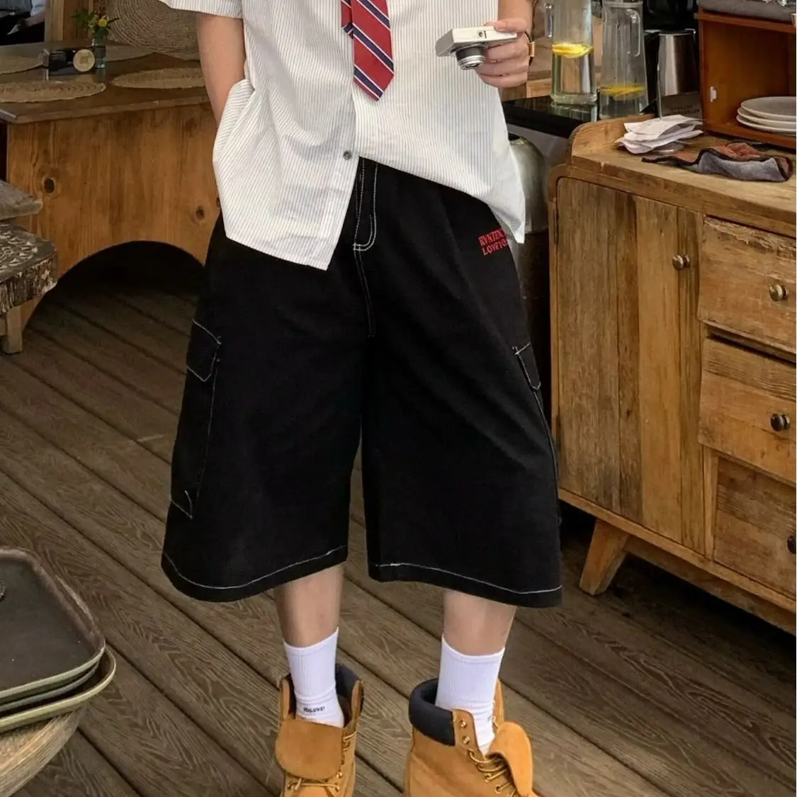 Summer Men's Multi-pocket Design Cargo Shorts Casual Bottom Cool Boys Wide Leg Vintage Male High Waist Cropped Black Pants