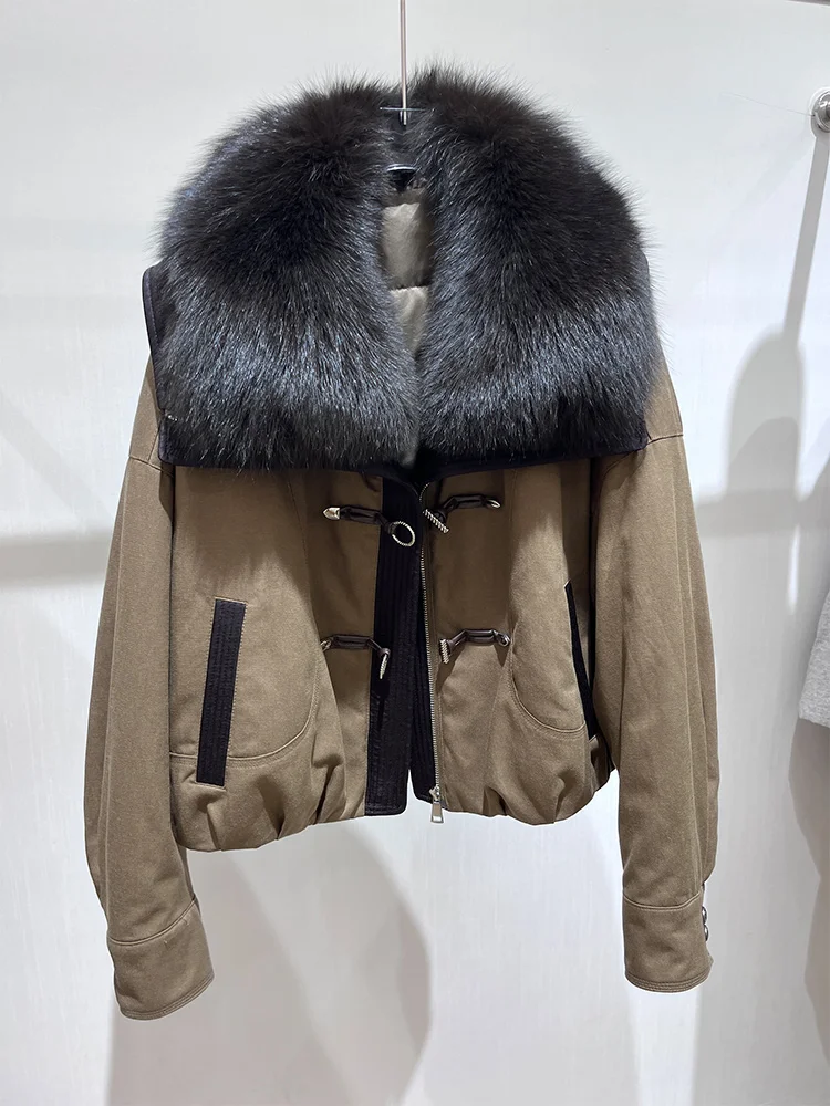 Moda inverno quente real ganso para baixo jaquetas gola de pele de raposa natural puffer jaquetas grosso feminino parka denim outwear