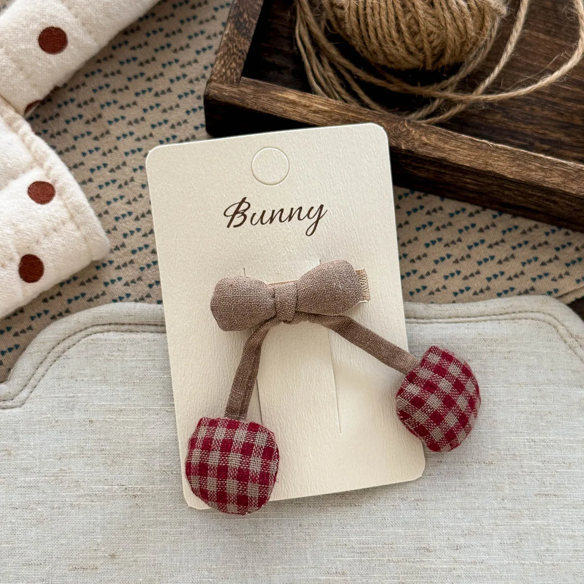 Retro Floral Plaid Cherry Hairpin Elastic Band Autumn Sweet Cute Bangs Ponytail Holder Headband