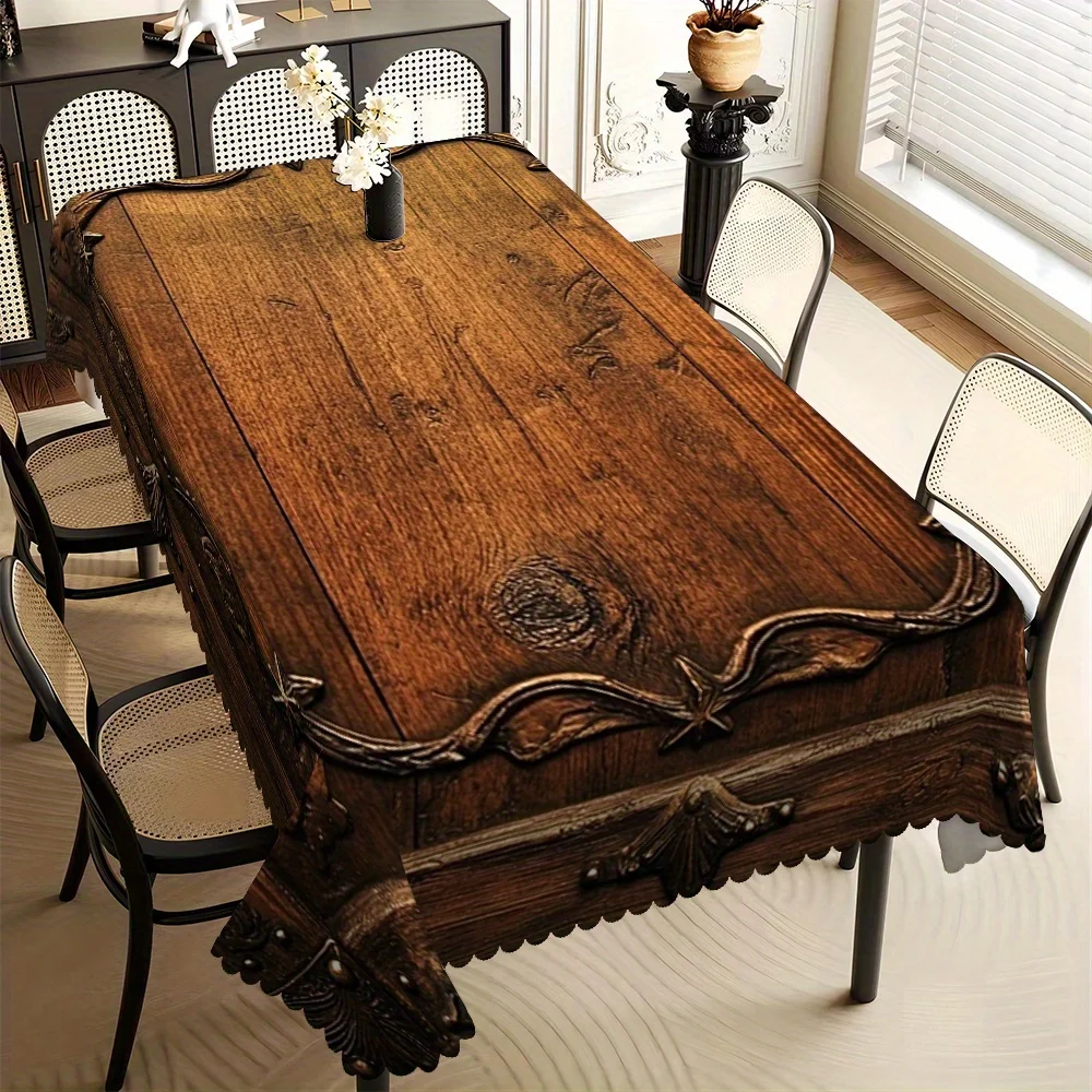 Retro wood-grain and carved lace rectangular tablecloth, with fan-shaped edges made of polyester fiber.