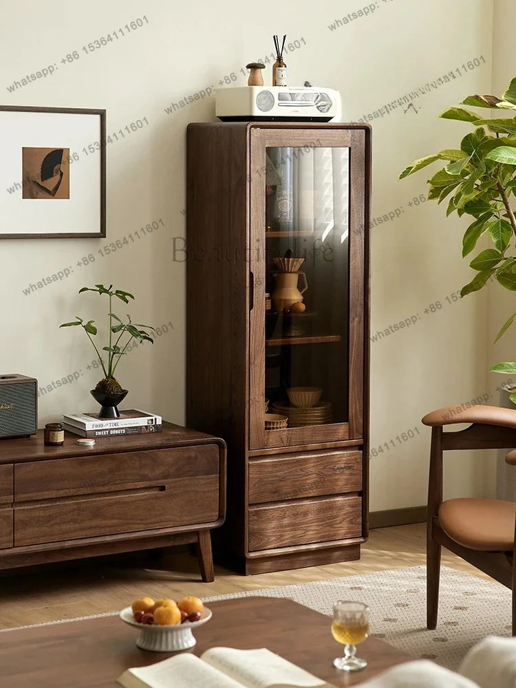 

North American black walnut wine cabinet Nordic simple solid wood vertical cabinet Home living room glass display storage
