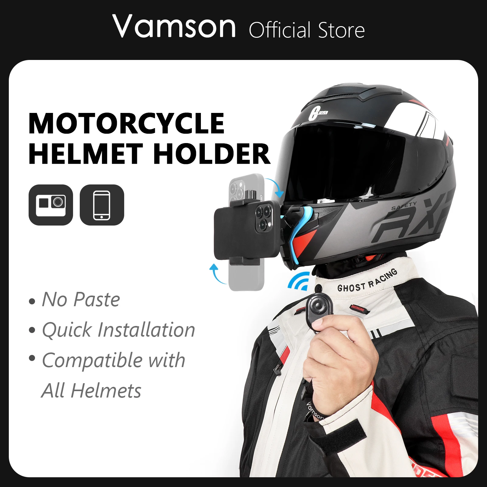 خوذة Vamson-Motorcycle حزام الذقن للهاتف ، GoPro Hero 12 ، 11 ، 10 ، 9 ، DJI الأسود ، الحركة ، Insta360 ، ملحقات الدراجات النارية