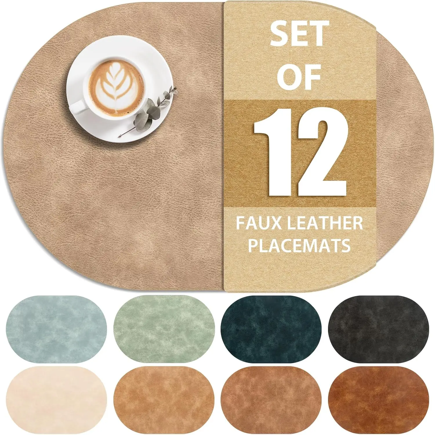 

Placemats, Heat Resistant Oval Place Mats Set of 12 Washable 12x17 Inch, Waterproof Faux Leather Table Mats for Kitchen Dining