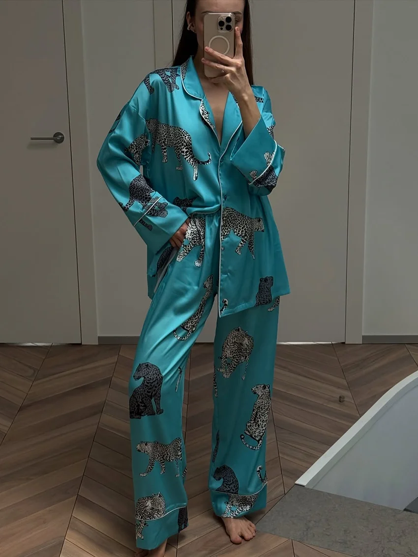 

Marthaqiqi Casual Women Sleepwear Set Long Sleeve Pajama Turn-Down Collar Nightgown Pants Printing Ladies Nightwear 2 Piece Suit