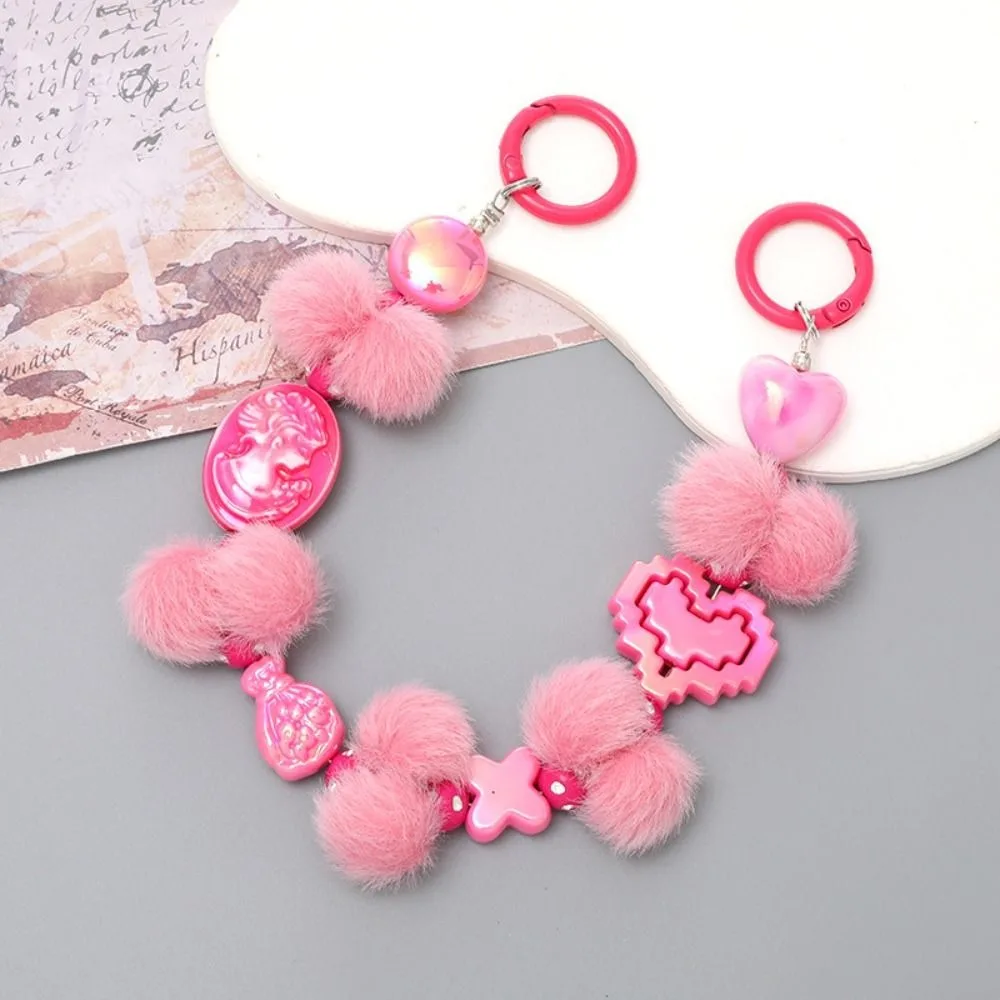 Phone Holder Plush Phone Chain Keychain Acrylic Colorful Beaded Lanyard Wrist Strap Anti-Lost Heart Case Chain Bag Accessories