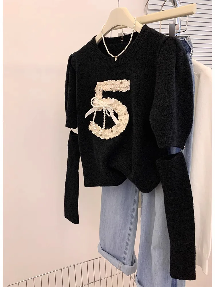 Women French Round Neck Red Pearl Bead Decor Sweater Short Sleeves With Sleeves Bubble Sleeves Knitwear Top Autumn Winter New