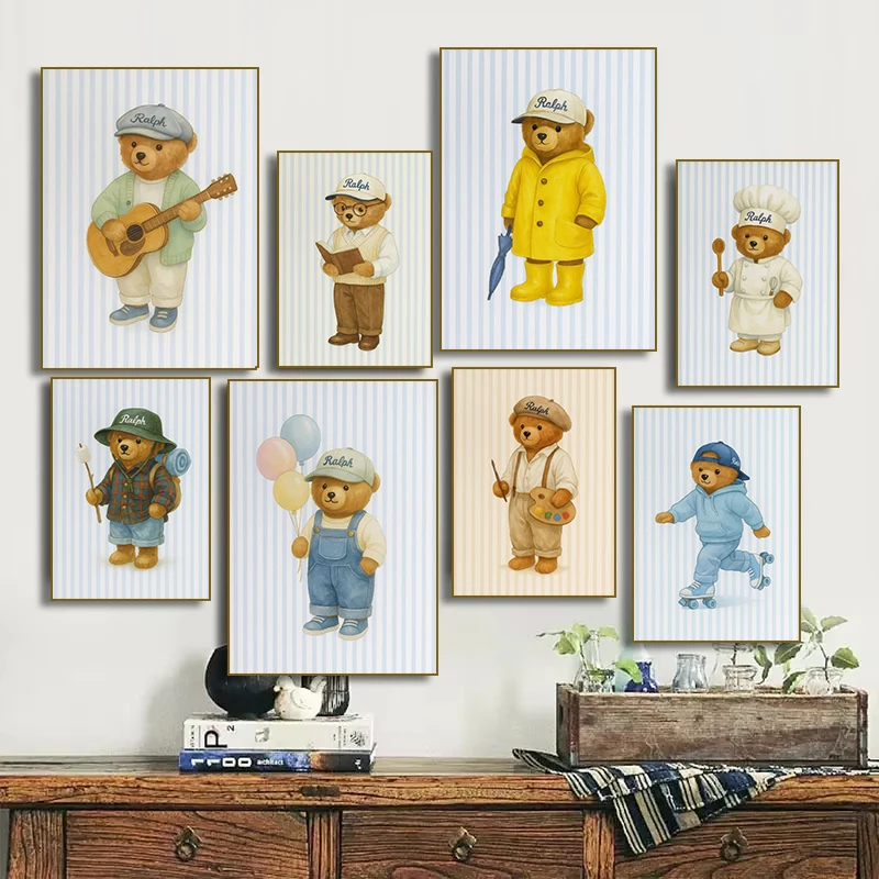 Skating Teddy Bear Playing  Guitar Reading Blue Striped Poster Canvas Painting Print Wall Art Picture for Living Room Home Decor