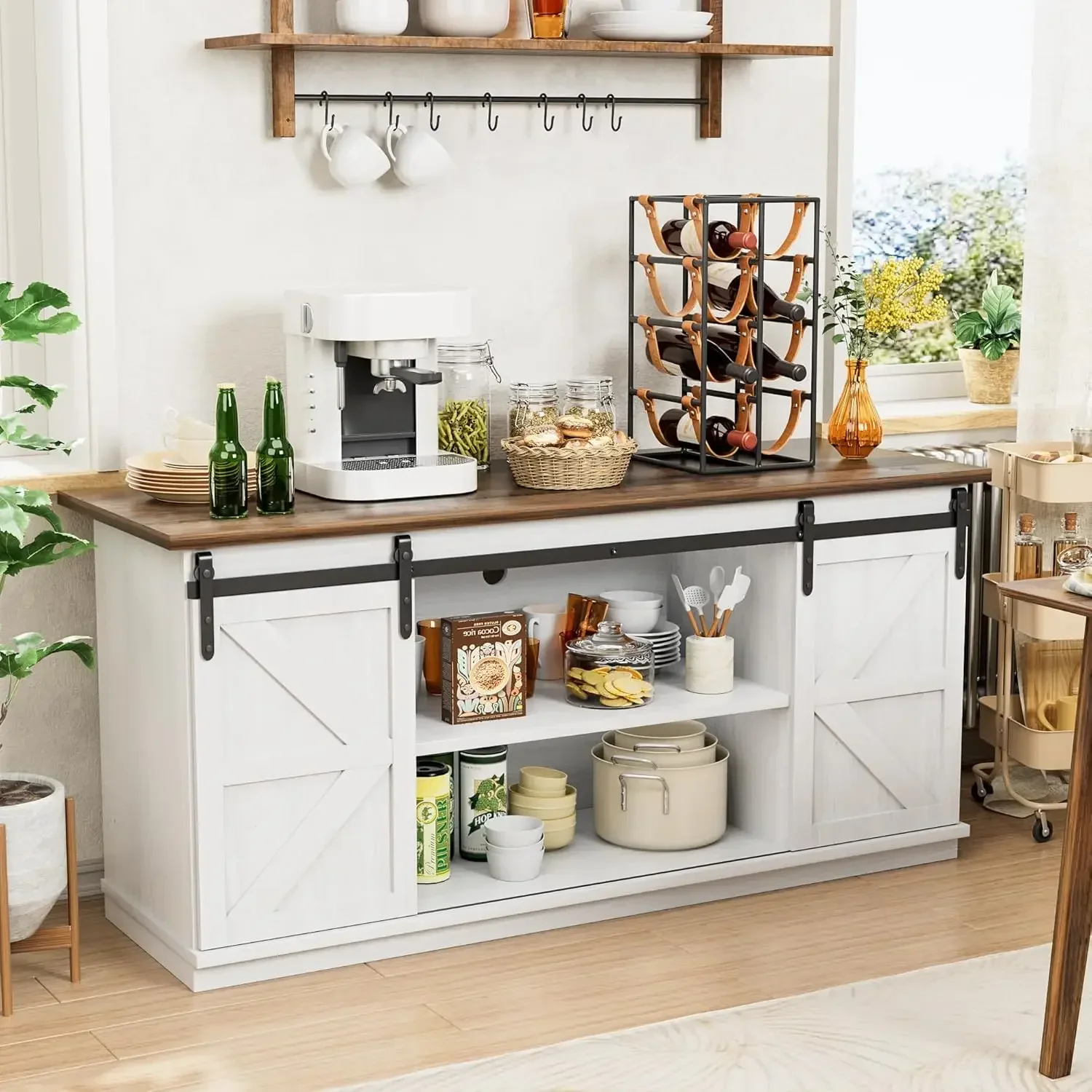 Farmhouse Sideboard Buffet Cabinet, Coffee Bar Storage with Sliding Barn Doors, Shelf for Home Dining Room, 27.5 Height