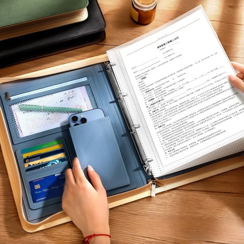 

University Binder Folder for A4 Document Leather Executive Portfolio Foliios Holder Organizer Briefcase Man Zipper Office