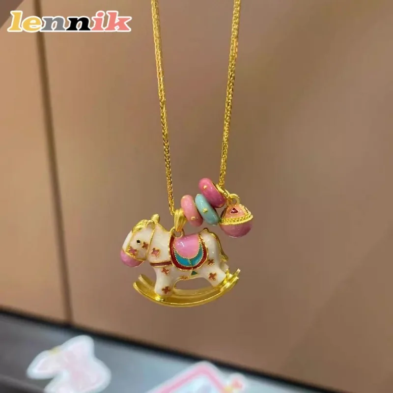 LENNIK Cartoon Emaille Tropfen Öl Karussell Anhänger Halskette Mode Kindliche Bunte Dopamin Donut Schlüsselbein Kette Schmuck