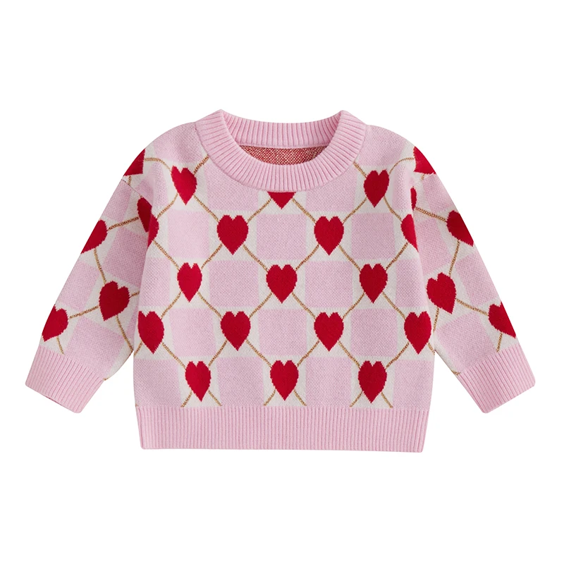 

Toddler Girls Knit Sweater Long Sleeve O Neck Heart Checkerboard Print Pullover Knitwear