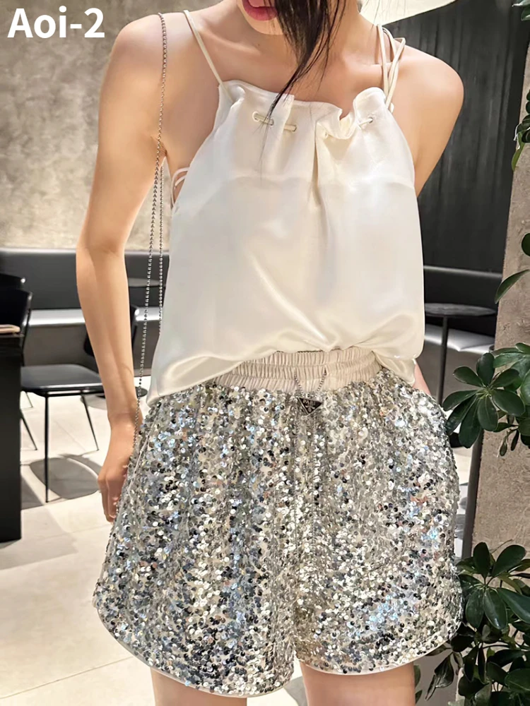 

Sexy Street Sequin Shorts Women Summer New American Style Elastoelastic High Waist Casual A- line Large Size Wide Leg Hot Pants