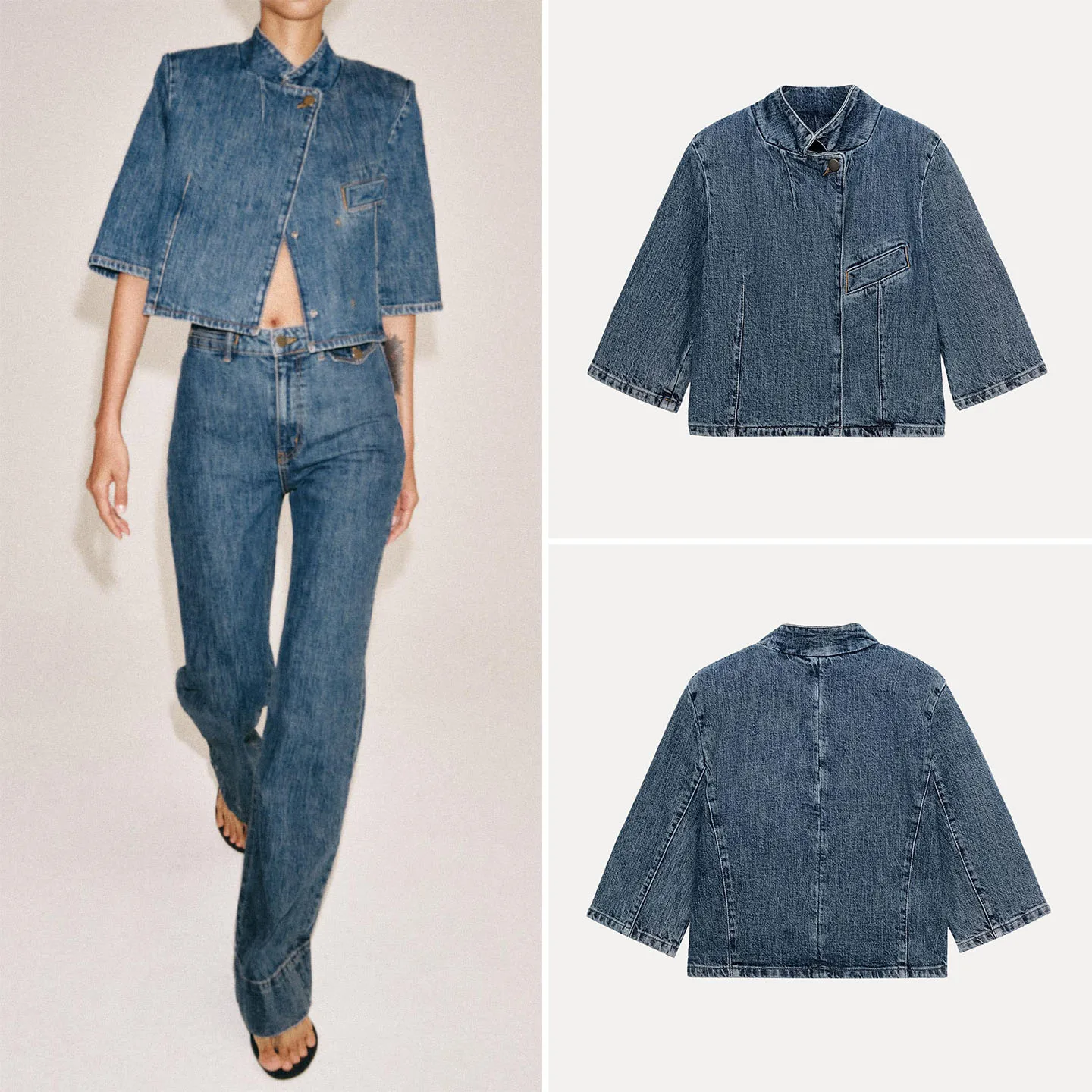 ZADATA Women's Summer 2026 Short Sleeve Stand Collar Denim Jacket Individual Style Suit Outerwear Standard Fit Regular Length