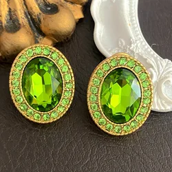 Retro high-end texture silver needle inlaid with gemstone oval colored sugar earrings suitable for girls to wear daily jewelry