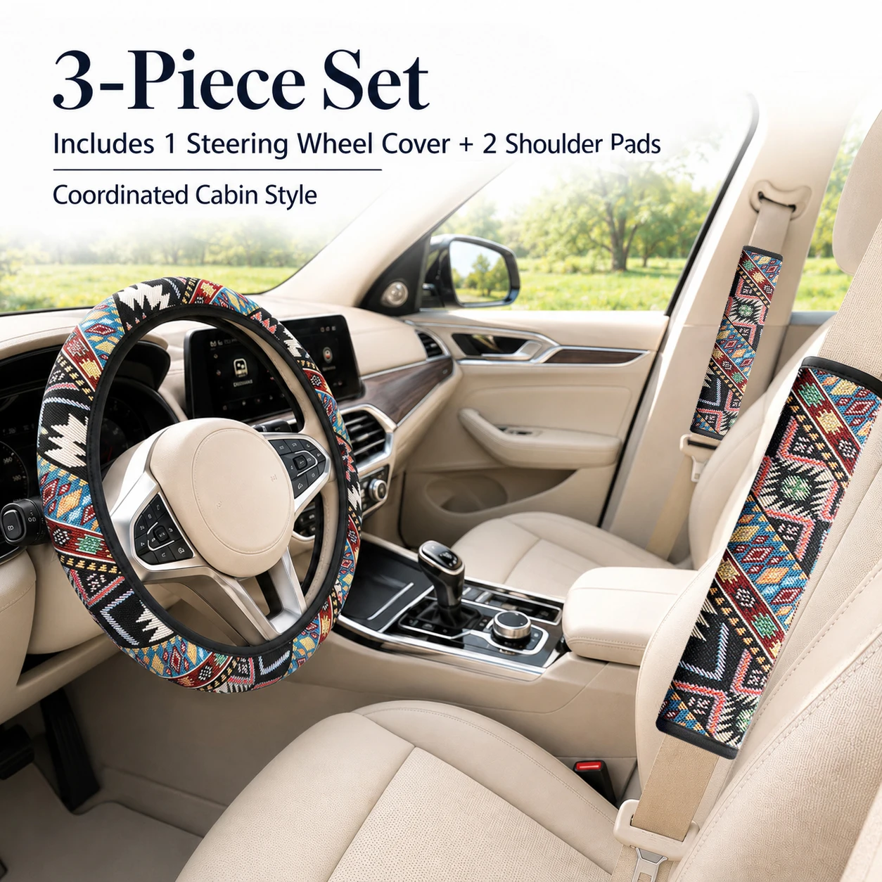 3pcs Bohemian-style linen car interior set, wear-resistant and non-slip, suitable for all seasons, easy to install