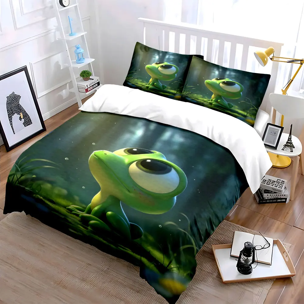 Cute big-eyed frog in forest Print Bedding Set 1 Duvet Cover 2 Pillowcases for Adult and Children Luxury Gift Full Size