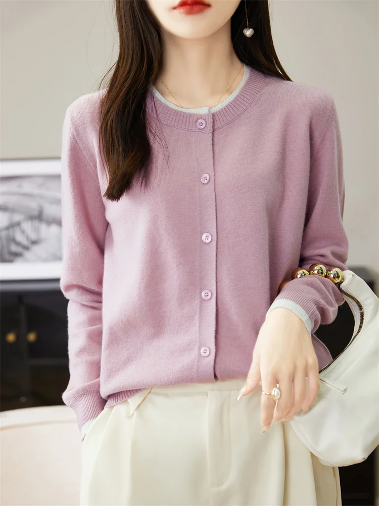 ADDONEE Women O-neck Cardigan Long Sleeve Cashmere Sweater Autumn Winter 100% Merino Wool Knitwear Korean Popular Clothing Tops