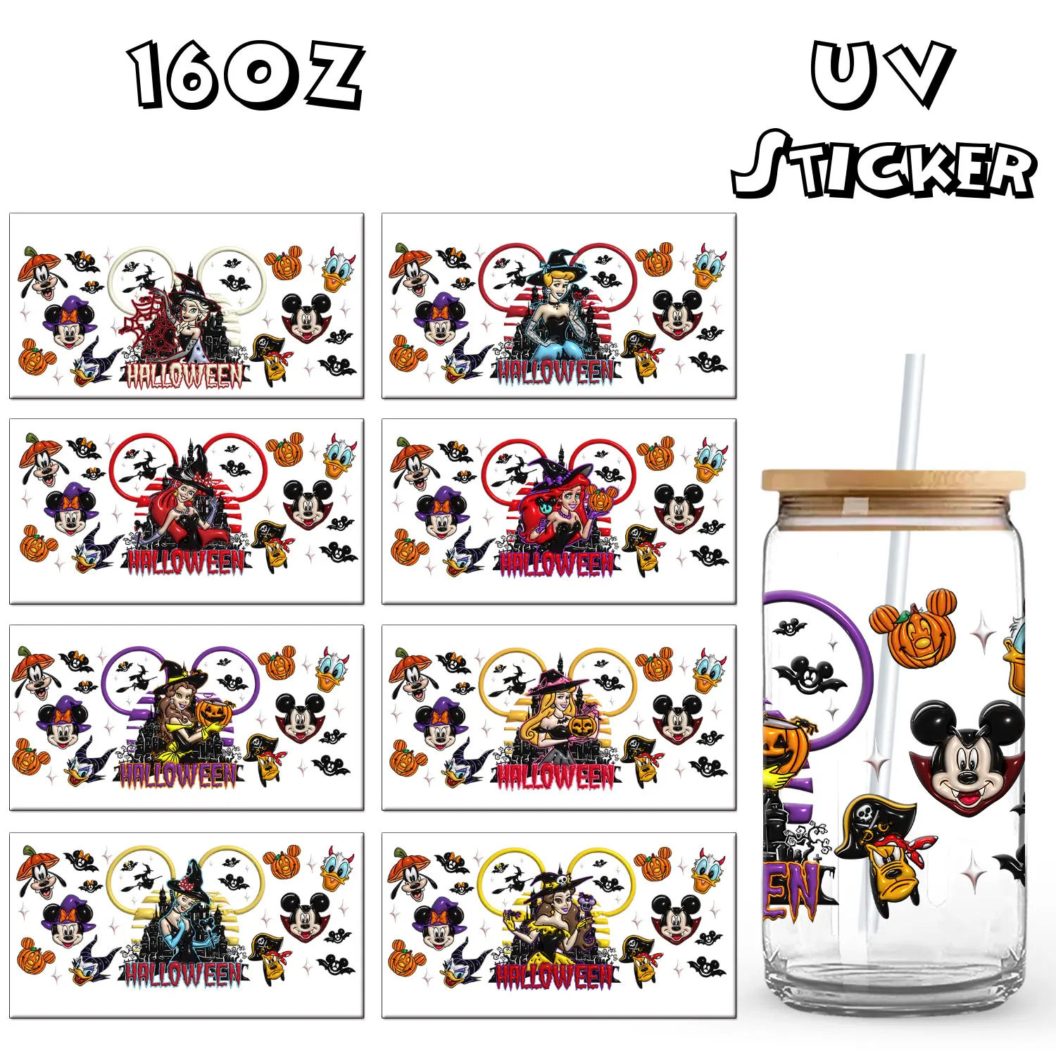 Halloween Princess Mickey Festival Decoration UV DTF Cup Wrap Easy Peel and Stick Application Family Fun Craft Stickers