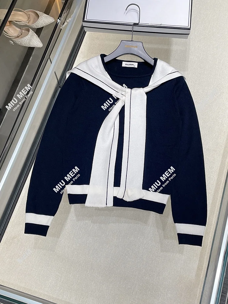 

Miumem Премиум вязаный свитер с темно-синим воротником и галстуком-бабочкой, осень-зима, женский топ для колледжа, простой свободный крой