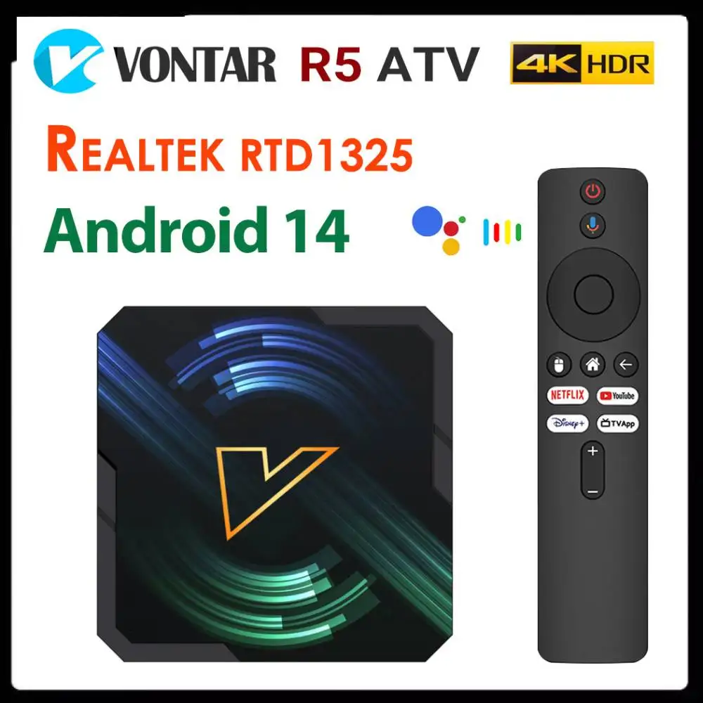 Realtek1325 CPU A55 Edge AI Mali-G57 GPU VONTAR R5 Android 14 TV Box ATV يدعم AI-PQ AI-SR HDR10 + مشغل الوسائط أندرويد 14.0