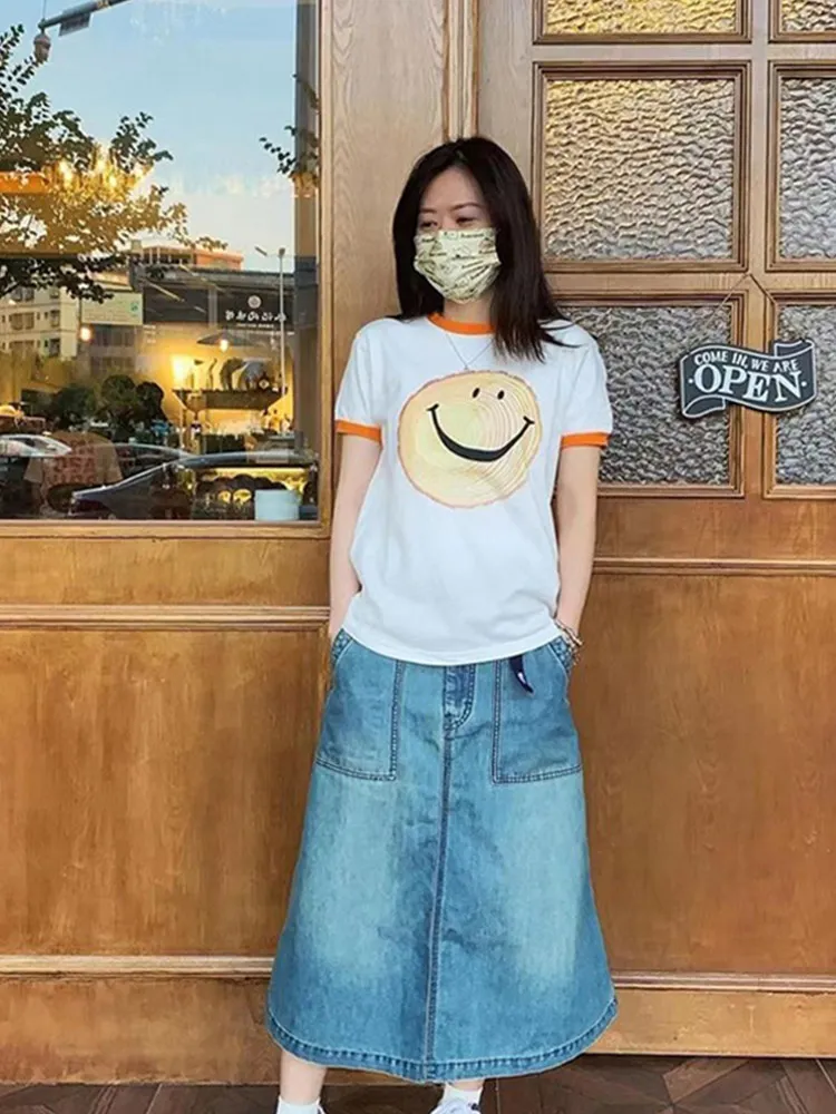 KAPITAL Hirata Kazuhiro 21SS Japanese Casual Cotton Tree Stump Smiling Pattern Round Neck Short