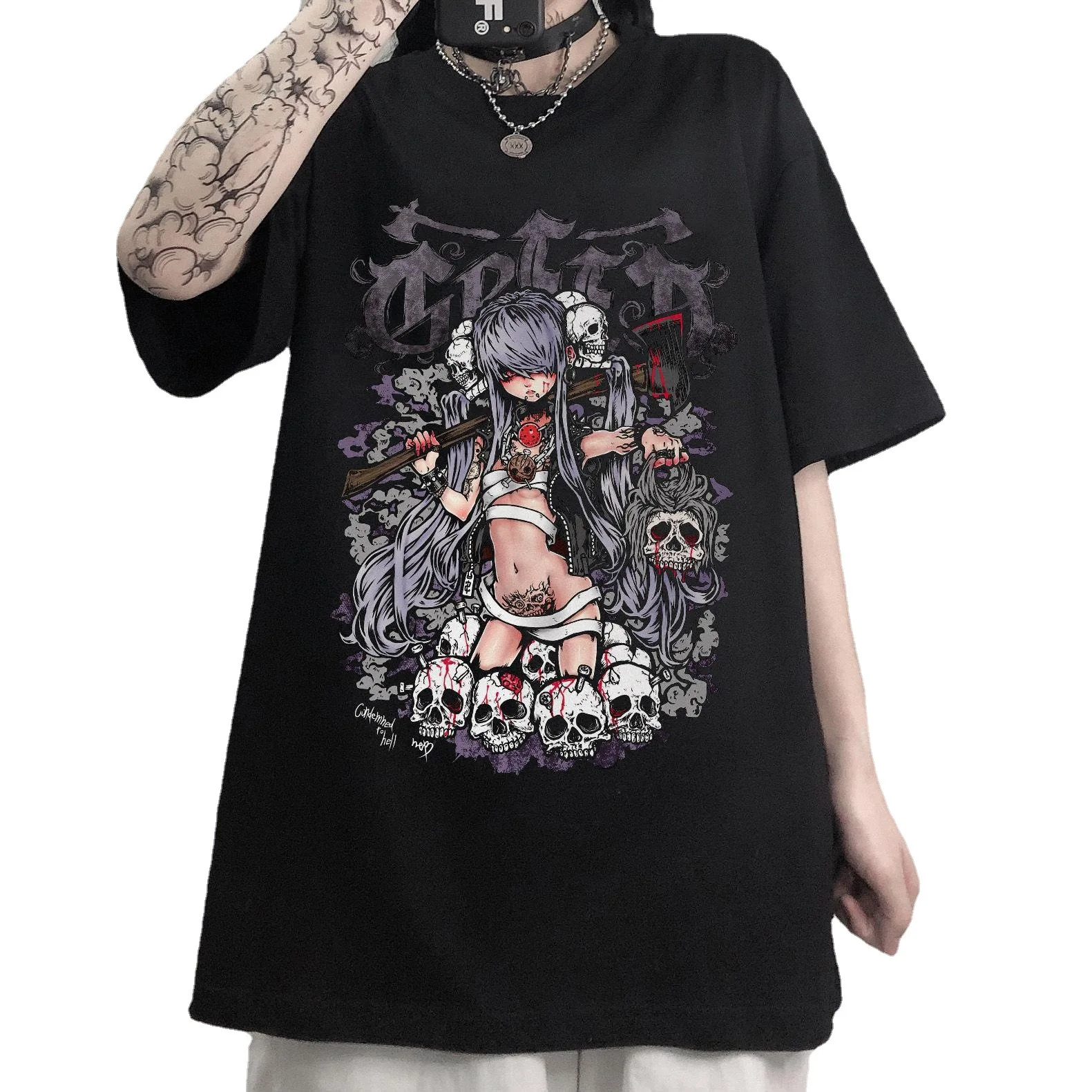 고딕 소녀 인형 슬레 커플 또는 스베 만화 티셔츠 캐주얼 라운드 넥 프린트 탑 푸니온 브랜드 여성 패션 티셔츠