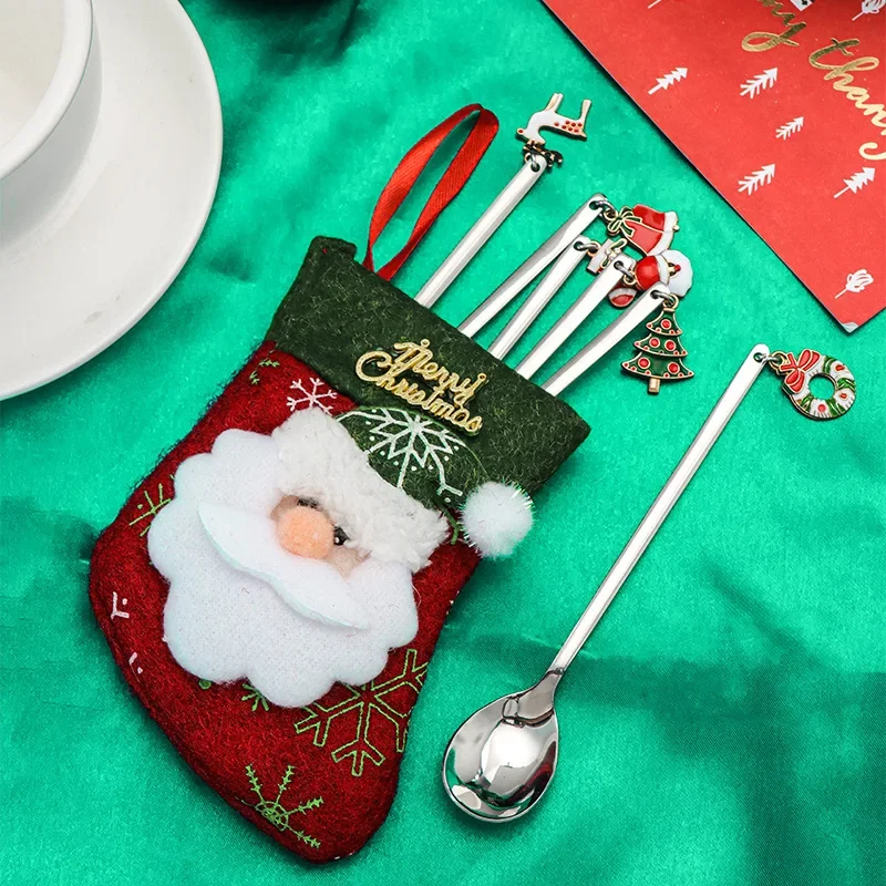 New Christmas Spoon With Elk Christmas Tree Pendant Stainless Steel Coffee Spoon Tea Spoon Dessert Scoop Xmas Decoration Gifts