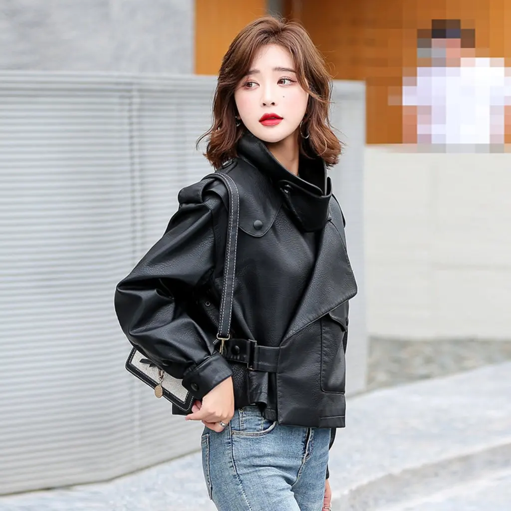 

Kafu Landi Women's Leather Jacket Korean Style Autumn/Winter PU Coat Jiang Shuying Texture 7009 Pattern