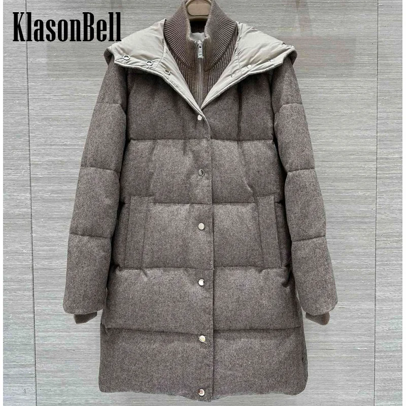 9.25 KlasonBell Women Winter New Wool Knit Collar Spliced Fake Two Piece Goose Down Jacket Hooded Midi Keep Warm Down Coat