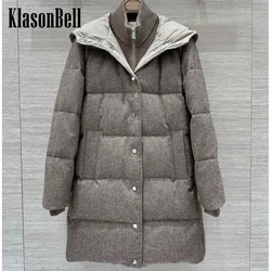 9.25 KlasonBell Women Winter New Wool Knit Collar Spliced Fake Two Piece Goose Down Jacket Hooded Midi Keep Warm Down Coat