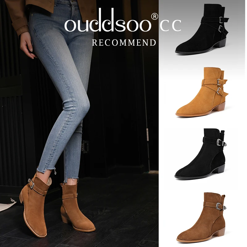 

Ods Classic Silver Buckle Knight Boots Real Leather Retro Ankle Boots Wood Grain Chunky Heel Chelsea Boots British Style Women