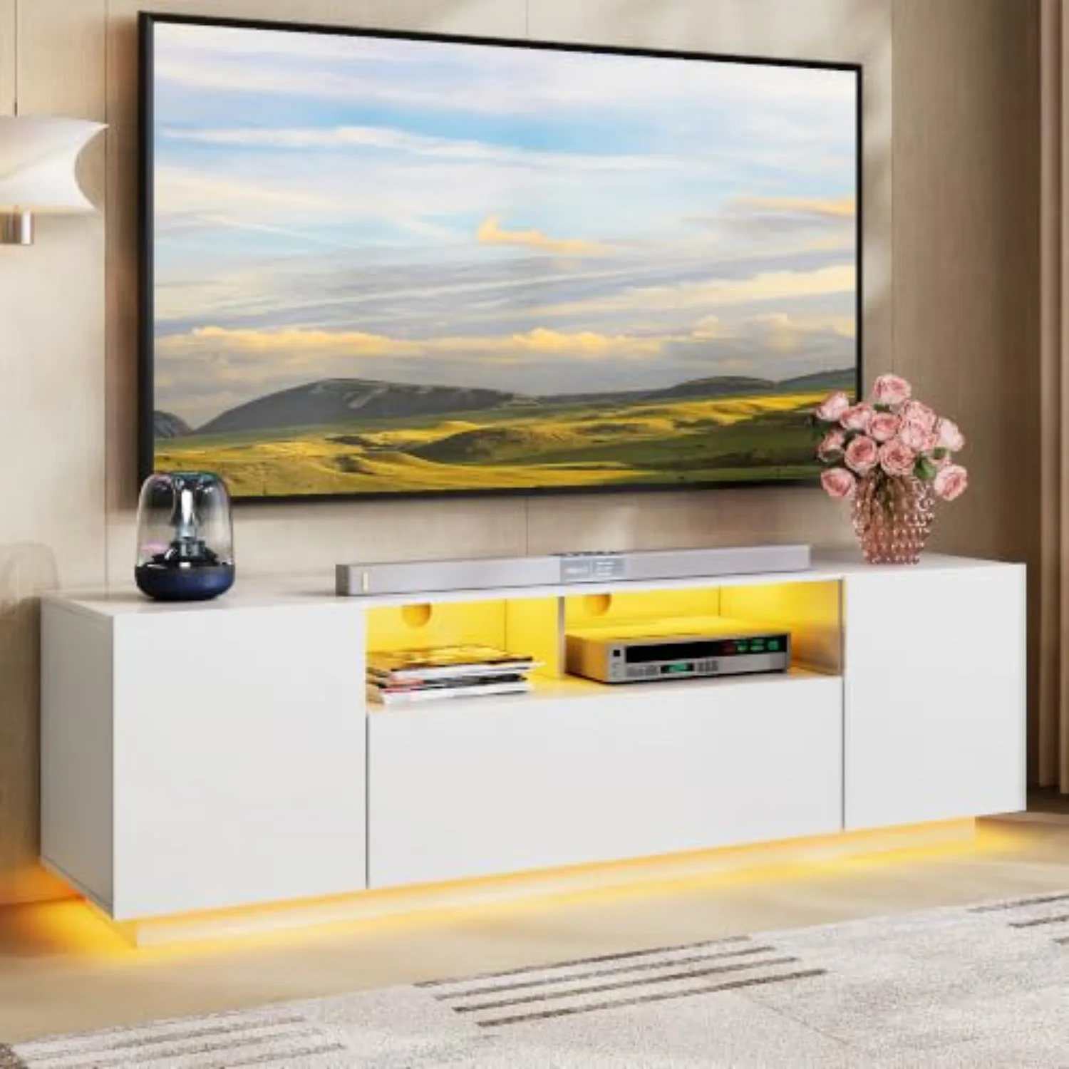 LED TV Stand for 55/60/65 Inch TVs, Modern Entertainment Center with Storage Cabinets and Drawer, Gaming Media TV