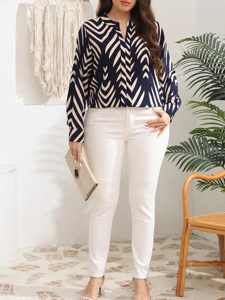 GIBSIE プラスサイズ レトロプリント ノッチネック ルーズシャツ レディース 2025 秋新作 長袖 オフィス カジュアル レディース トップス＆ブラウス