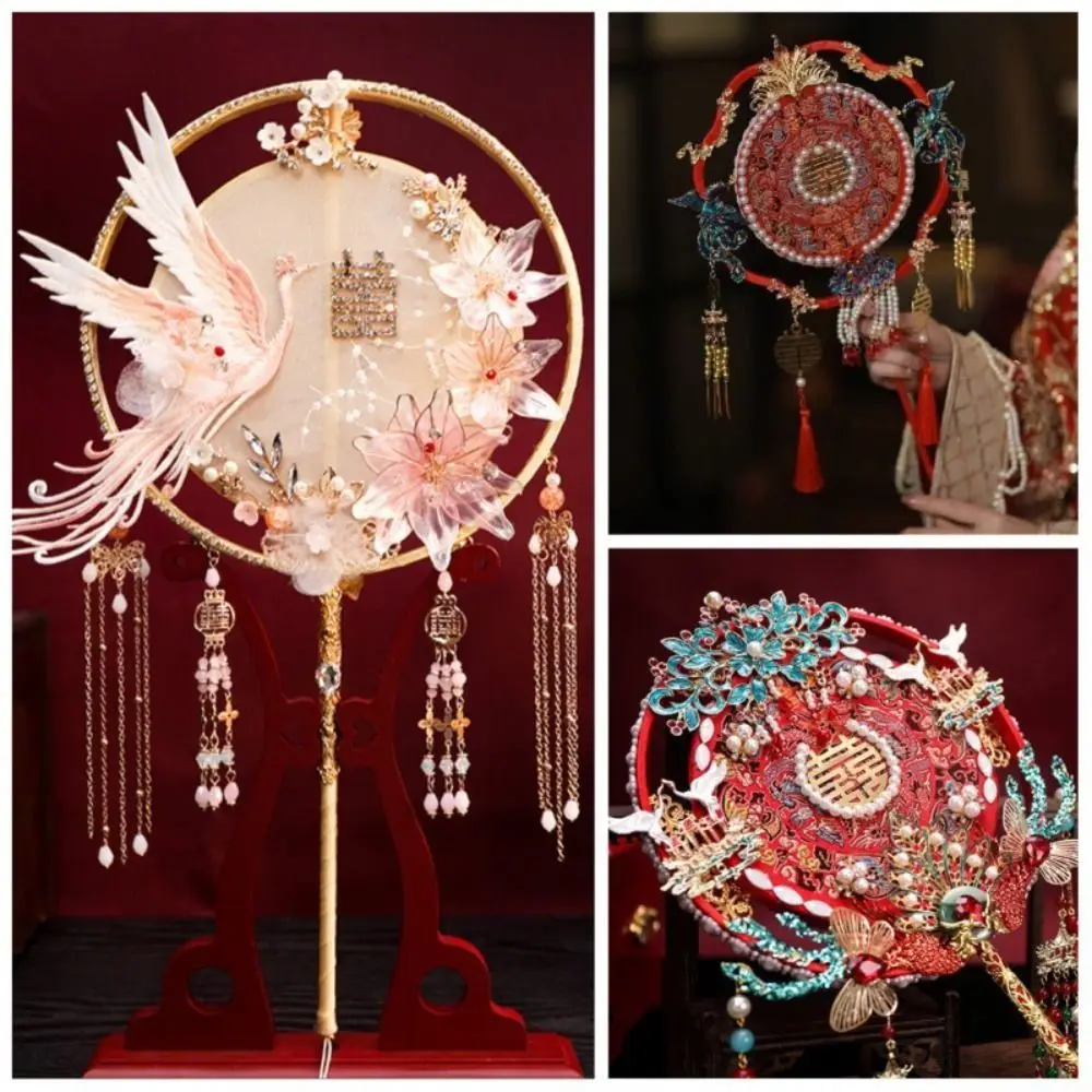 

Hand Embroidery Phoenix Round Fan Chinese Style Double-sided Long Handle Chinese Style Bridal Fan Round Finished Product Party