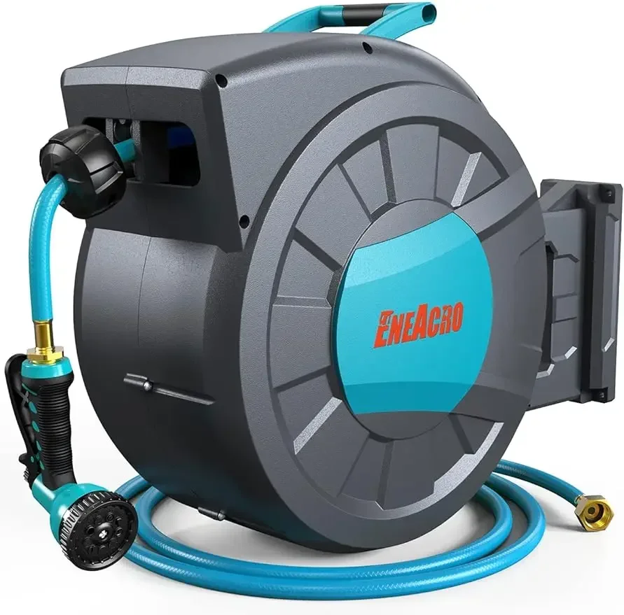 

Retractable Garden Hose Reel with Wall Mount 1/2"×120ft with 9 Pattern Hose Nozzle, Brass Connector, Auto Rewind/Any